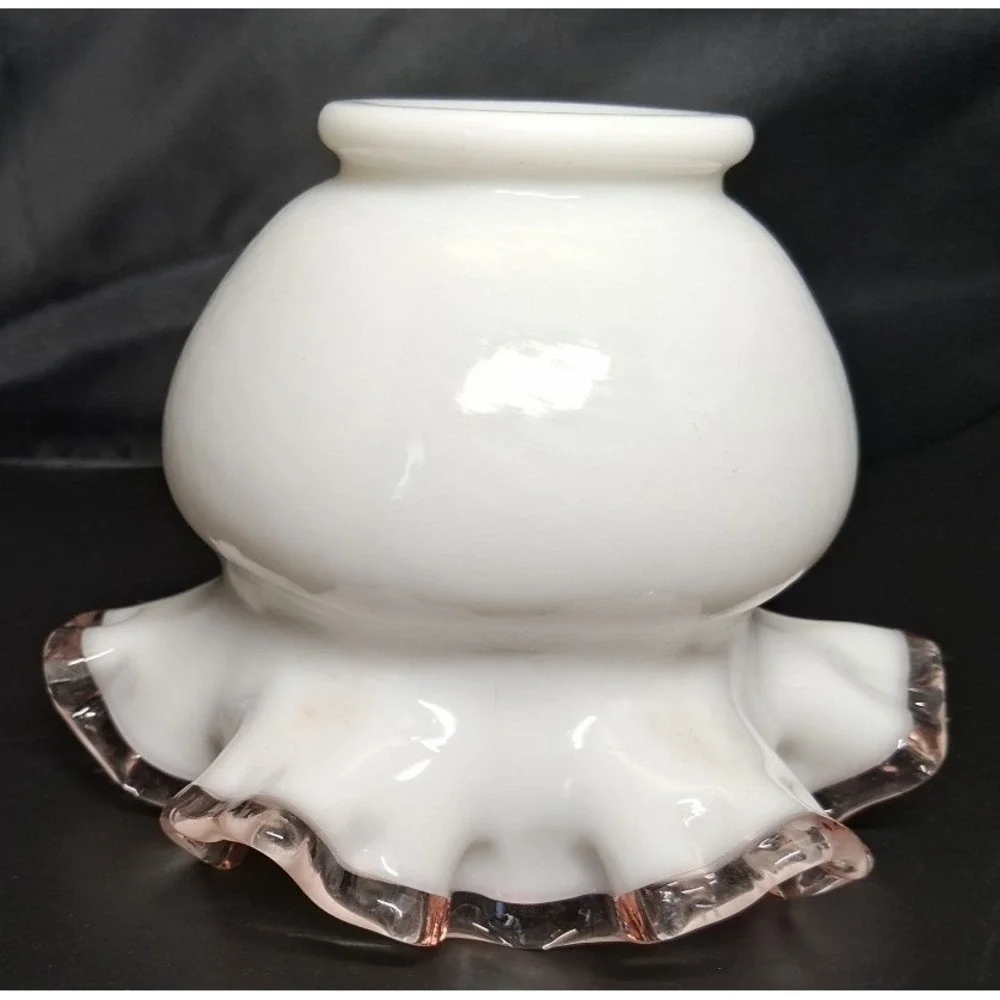 Vintage‎ Fenton Rose Crest Milk Glass Rose Bowl Pink Ruffled Rim Vase 4